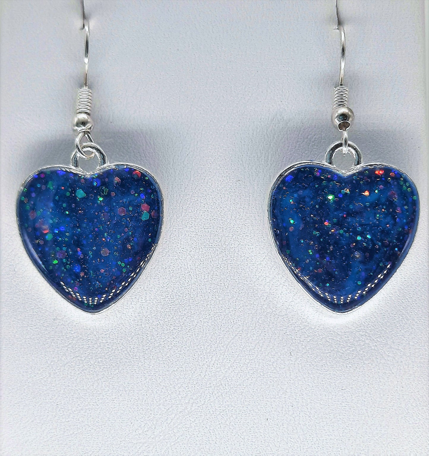 Dark Blue Sparkle Heart Shaped Resin Earrings / Made with Resin, Mica, Glitter, and Hypoallergenic Stainless Steel