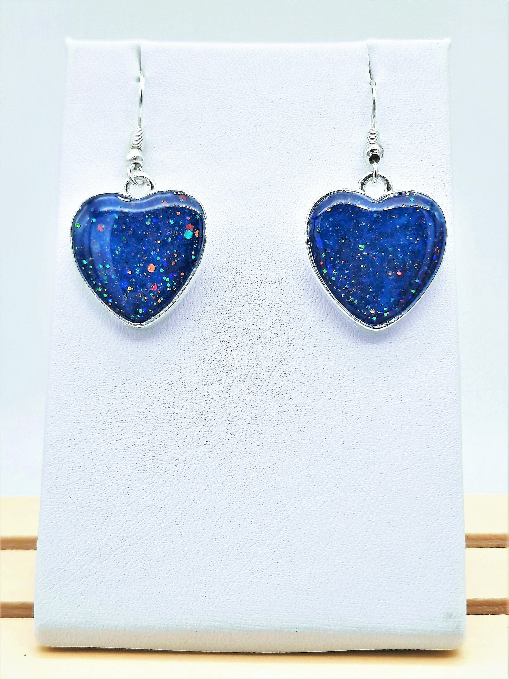 Dark Blue Sparkle Heart Shaped Resin Earrings / Made with Resin, Mica, Glitter, and Hypoallergenic Stainless Steel