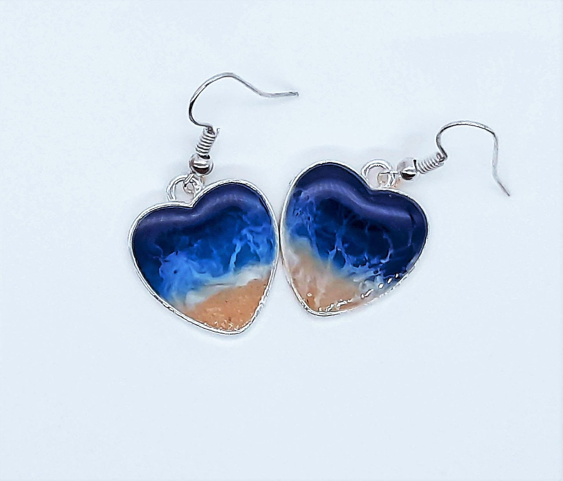 Real Sand Resin Waves Earrings/Heart Shaped/Ocean Beach Scene/Seascape Earrings/Made w/ Sand, Resin, Mica, & Hypoallergenic Stainless Steel