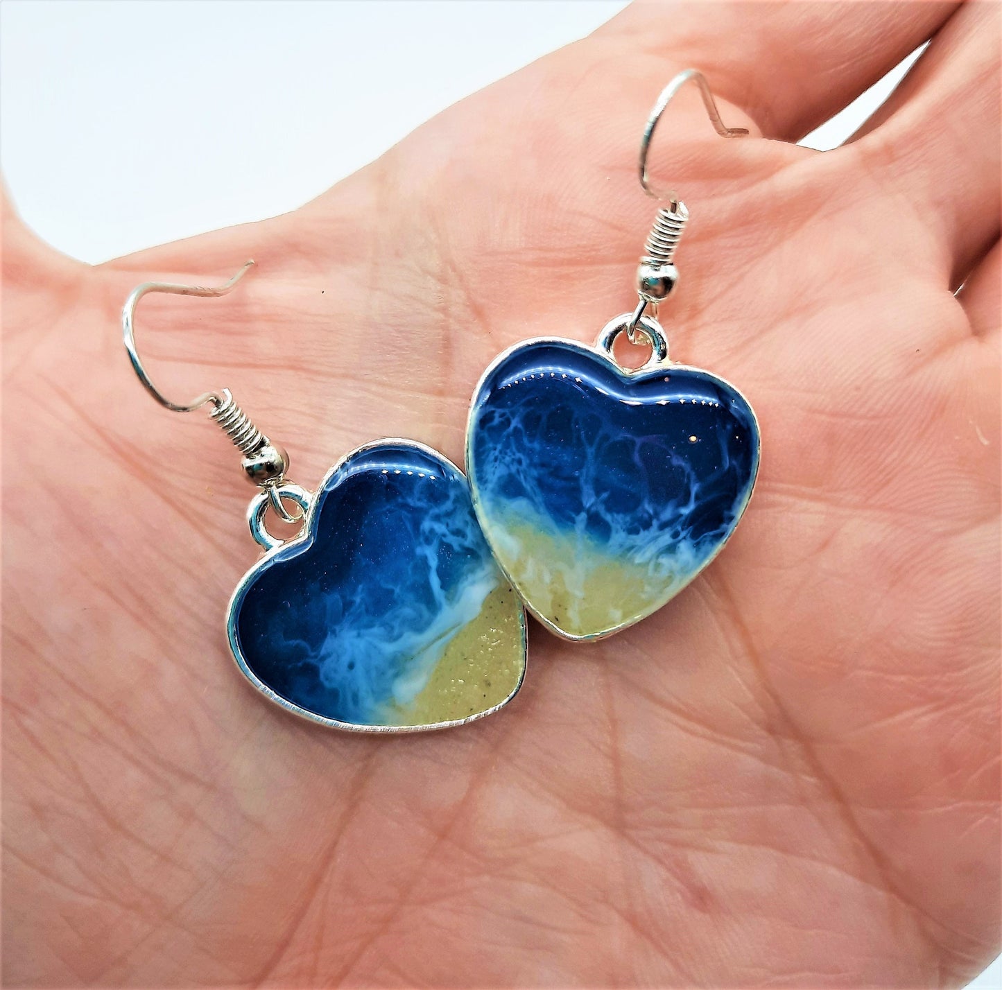 Resin Waves / Heart Shaped Ocean Earring and Necklace Set / Beach Scene / Made with Sand, Resin, Mica, & Hypoallergenic Stainless Steel