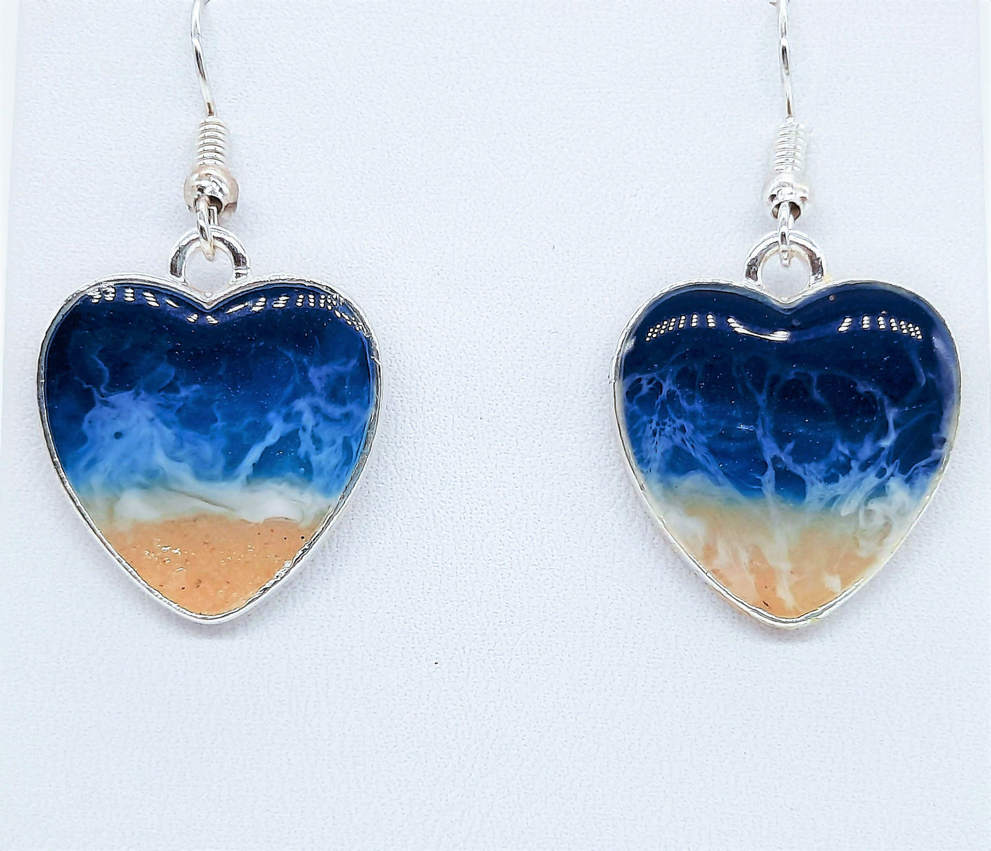 Resin Waves / Heart Shaped Ocean Earring and Necklace Set / Beach Scene / Made with Sand, Resin, Mica, & Hypoallergenic Stainless Steel