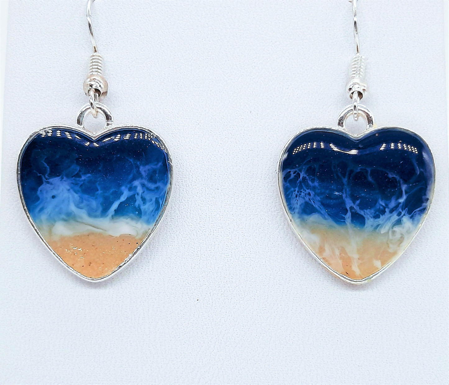 Real Sand Resin Waves Earrings/Heart Shaped/Ocean Beach Scene/Seascape Earrings/Made w/ Sand, Resin, Mica, & Hypoallergenic Stainless Steel