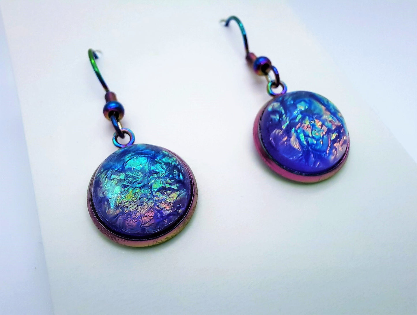 Handcrafted Purple Iridescent Resin Earrings / Made with Hypoallergenic Rainbow Chromium Stainless Steel Ear Wire Fish Hooks