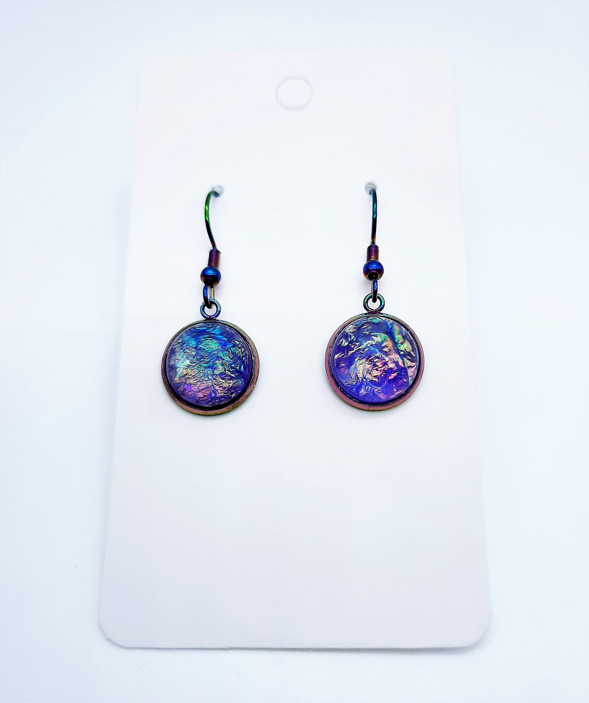 Handcrafted Purple Iridescent Resin Earrings / Made with Hypoallergenic Rainbow Chromium Stainless Steel Ear Wire Fish Hooks