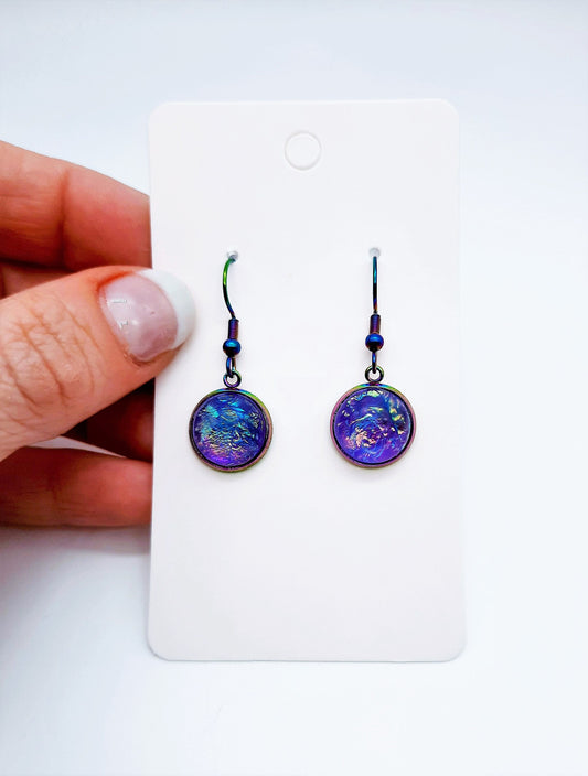 Handcrafted Purple Iridescent Resin Earrings / Made with Hypoallergenic Rainbow Chromium Stainless Steel Ear Wire Fish Hooks