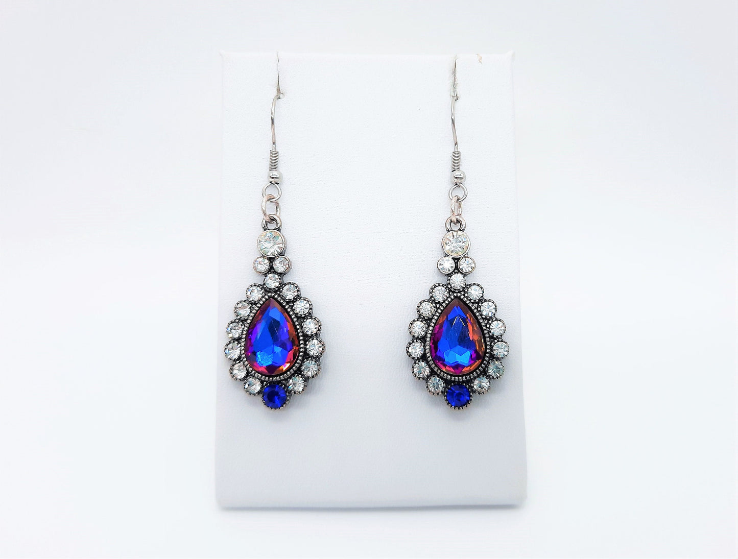 Handmade / Handcrafted Antiqued Silver Blue & Purple Rhinestone Teardrop Pendant Earrings - Hypoallergenic Stainless Steel Ear Wire Hooks