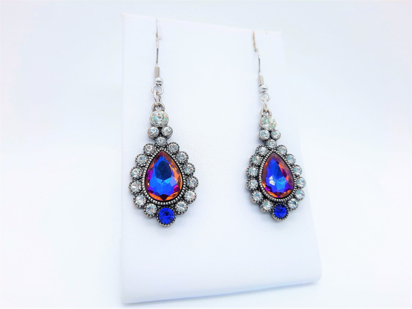 Handmade / Handcrafted Antiqued Silver Blue & Purple Rhinestone Teardrop Pendant Earrings - Hypoallergenic Stainless Steel Ear Wire Hooks