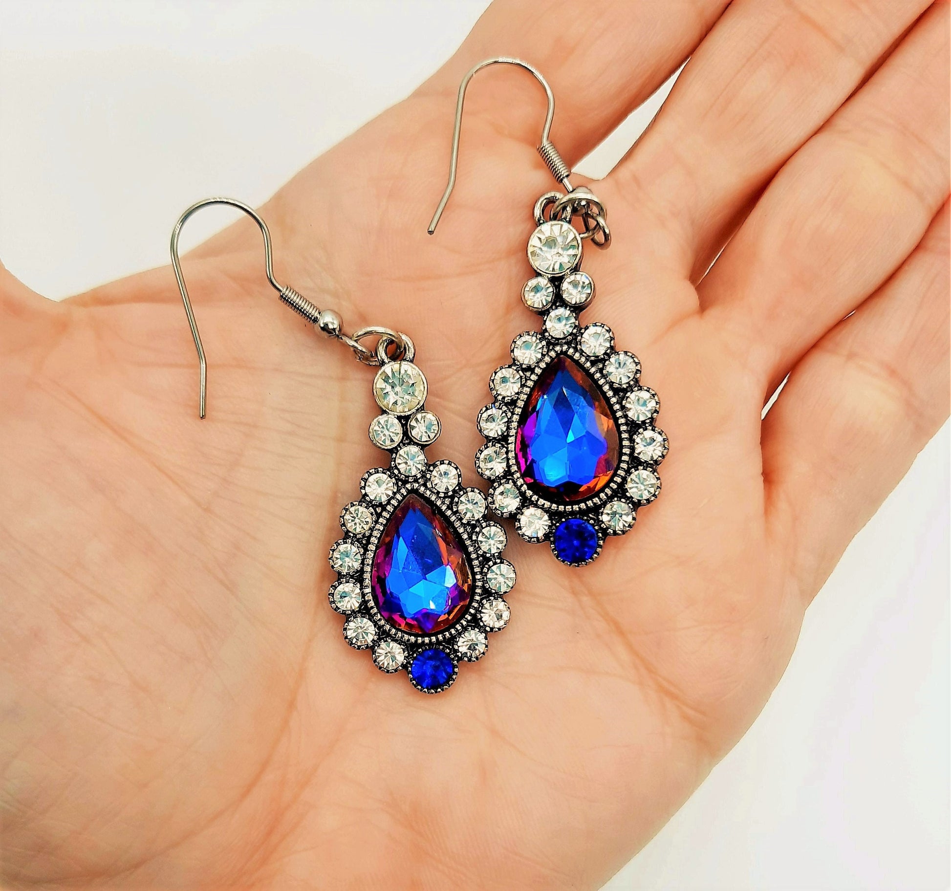 Handmade / Handcrafted Antiqued Silver Blue & Purple Rhinestone Teardrop Pendant Earrings - Hypoallergenic Stainless Steel Ear Wire Hooks