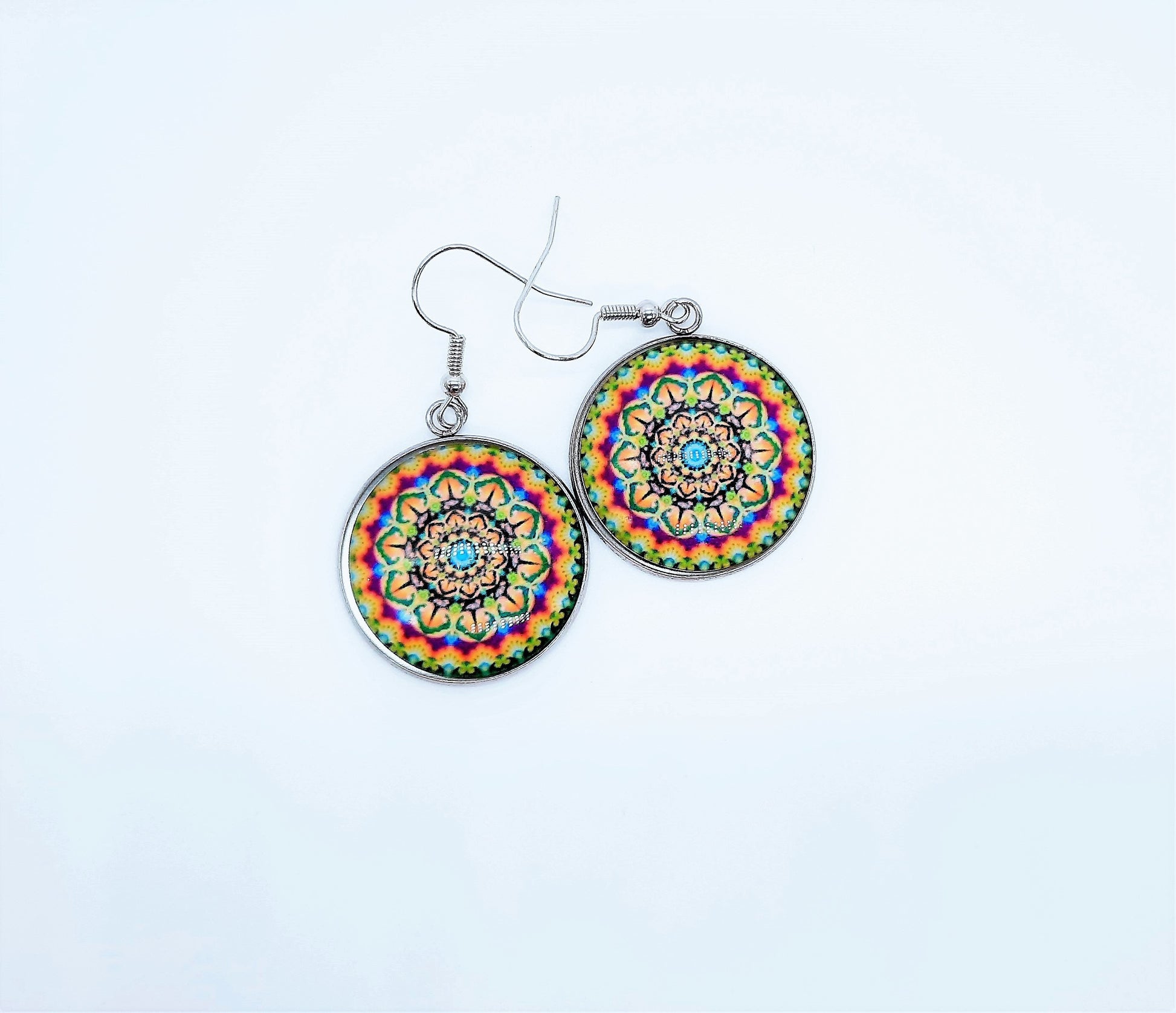 Handcrafted Rainbow Mandala Pattern Design - Glass Cabochon Stainless Steel Dangle Earrings - Hypoallergenic