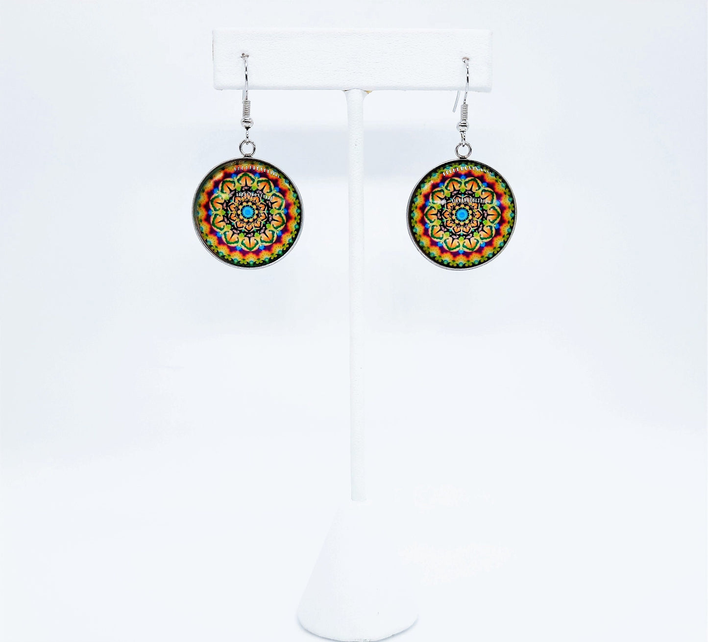 Handcrafted Rainbow Mandala Pattern Design - Glass Cabochon Stainless Steel Dangle Earrings - Hypoallergenic