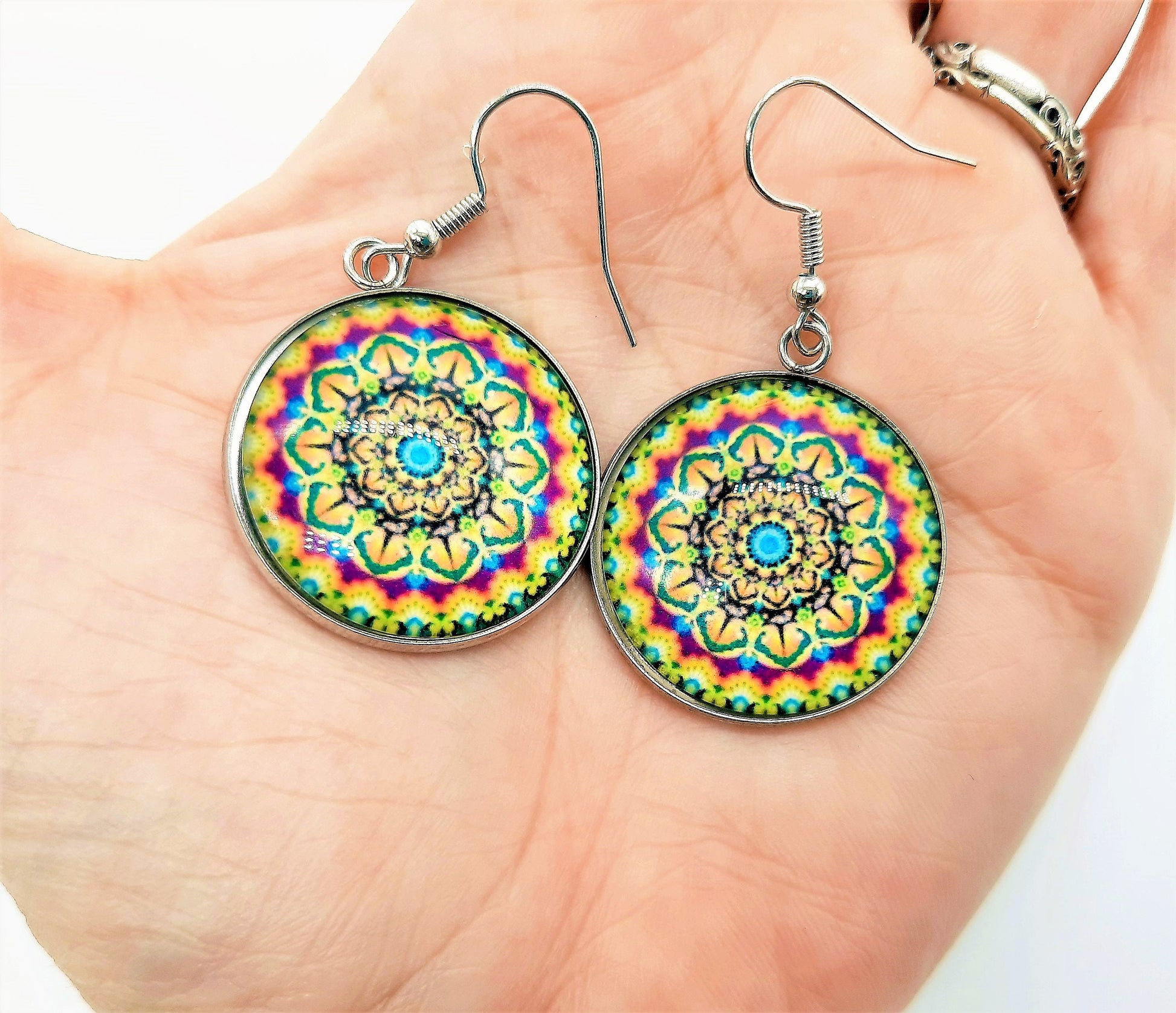 Handcrafted Rainbow Mandala Pattern Design - Glass Cabochon Stainless Steel Dangle Earrings - Hypoallergenic