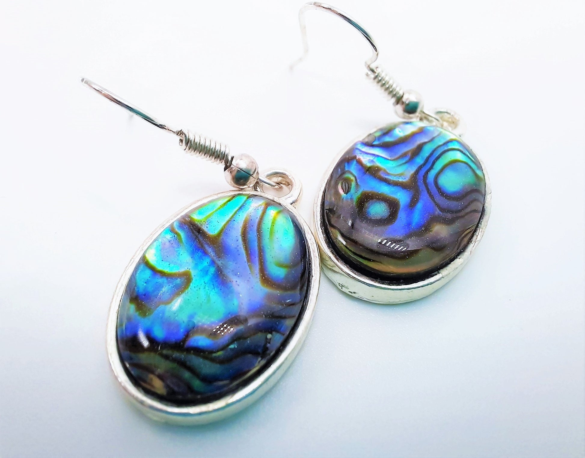 Handmade / Handcrafted Oval Shaped Natural Blue Abalone / Paua Seashell Earrings, Sealed w/ Holographic Mica Infused Resin, Stainless Steel