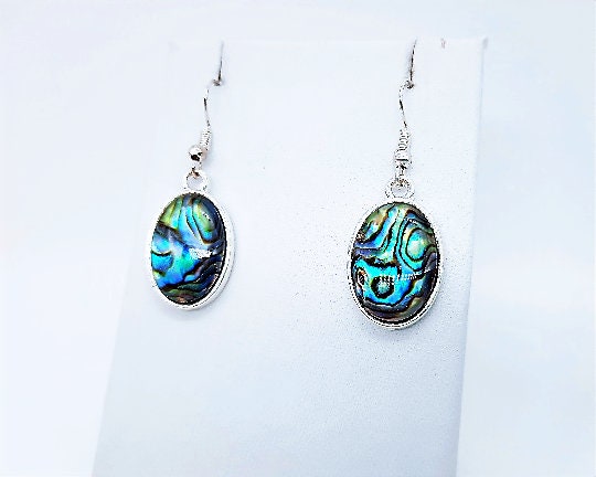 Handmade / Handcrafted Oval Shaped Natural Blue Abalone / Paua Seashell Earrings, Sealed w/ Holographic Mica Infused Resin, Stainless Steel