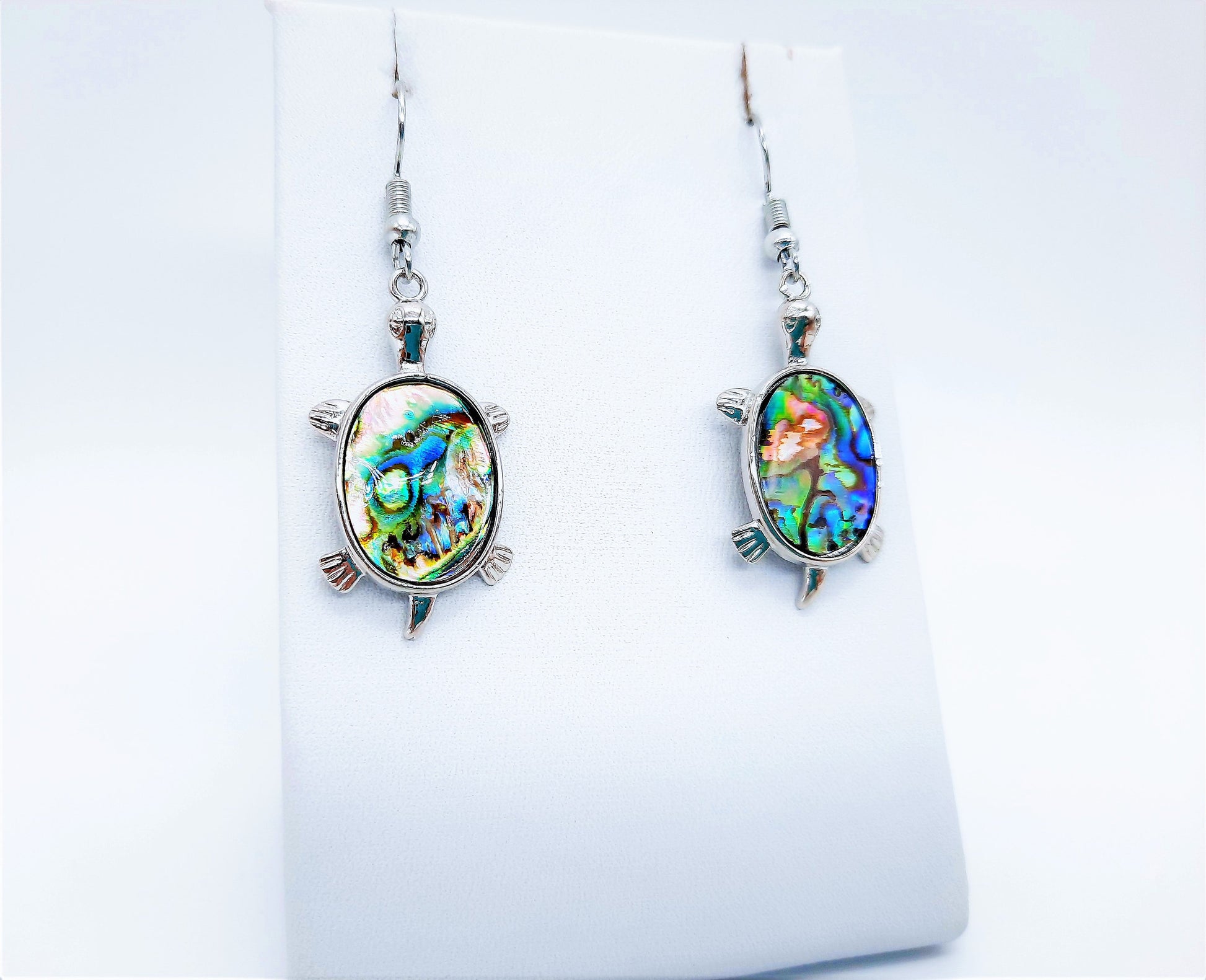 Handcrafted / Handmade Abalone / Paua Sea Turtle Dangle Earrings - Hypoallergenic Stainless Steel Hooks - Silver-Coated Brass Earrings