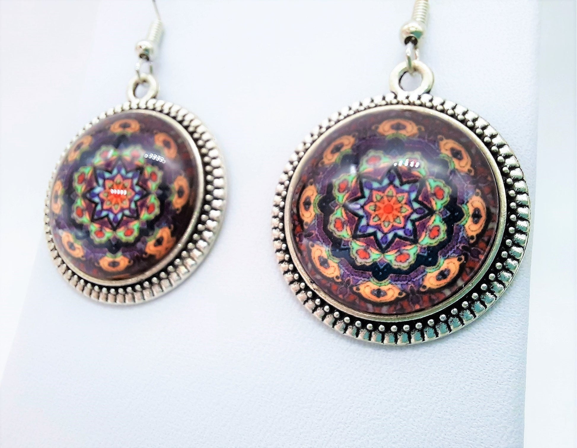 Handcrafted Tibetan Style Rainbow Mandala Pattern Design - Glass Cabochon Stainless Steel Dangle Earrings - Hypoallergenic - Stainless Steel