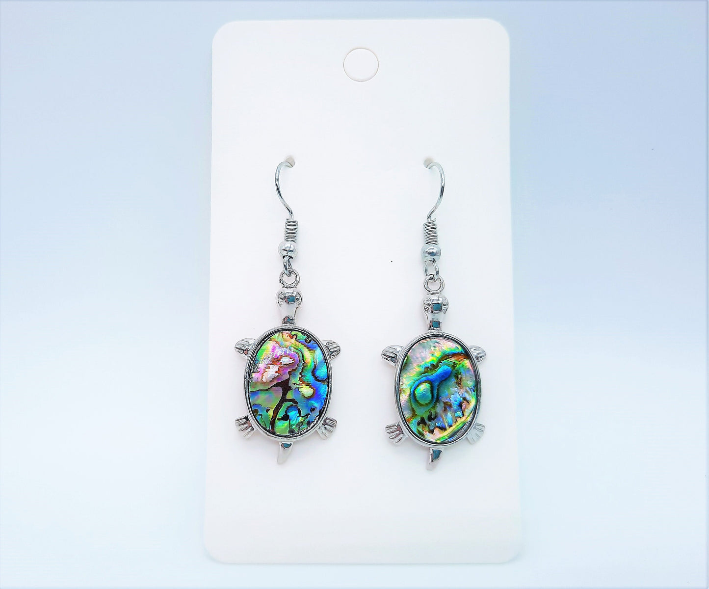 Handcrafted / Handmade Abalone / Paua Sea Turtle Dangle Earrings - Hypoallergenic Stainless Steel Hooks - Silver-Coated Brass Earrings