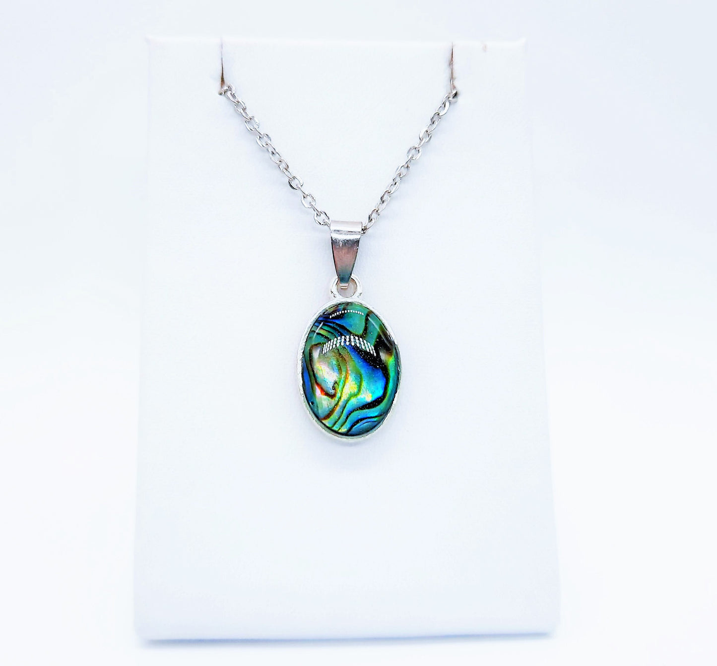 Natural Abalone / Paua Seashell Oval Pendant Necklace - Stainless Steel - Hypoallergenic - Covered w/ Holographic Powder Infused Resin Dome