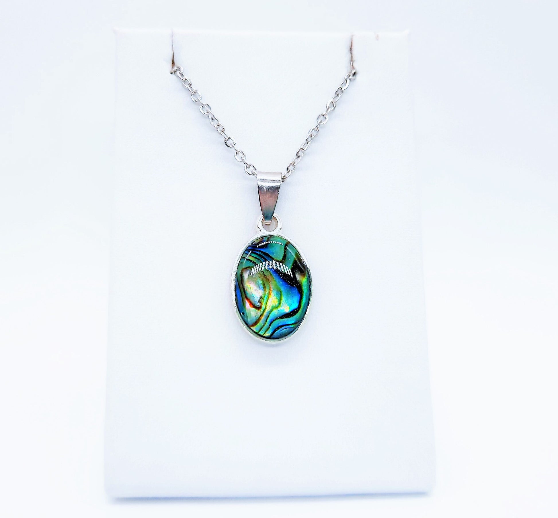 Natural Abalone / Paua Seashell Oval Pendant Necklace - Stainless Steel - Hypoallergenic - Covered w/ Holographic Powder Infused Resin Dome