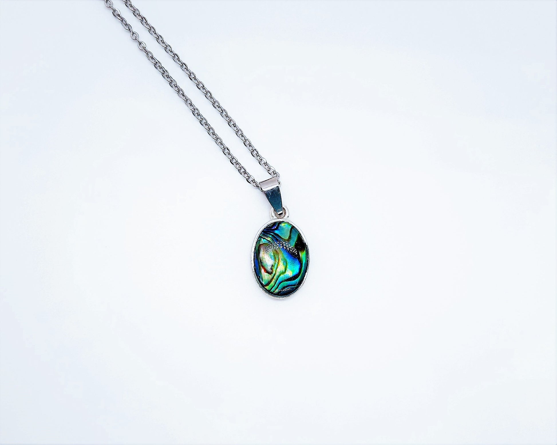 Natural Abalone / Paua Seashell Oval Pendant Necklace - Stainless Steel - Hypoallergenic - Covered w/ Holographic Powder Infused Resin Dome