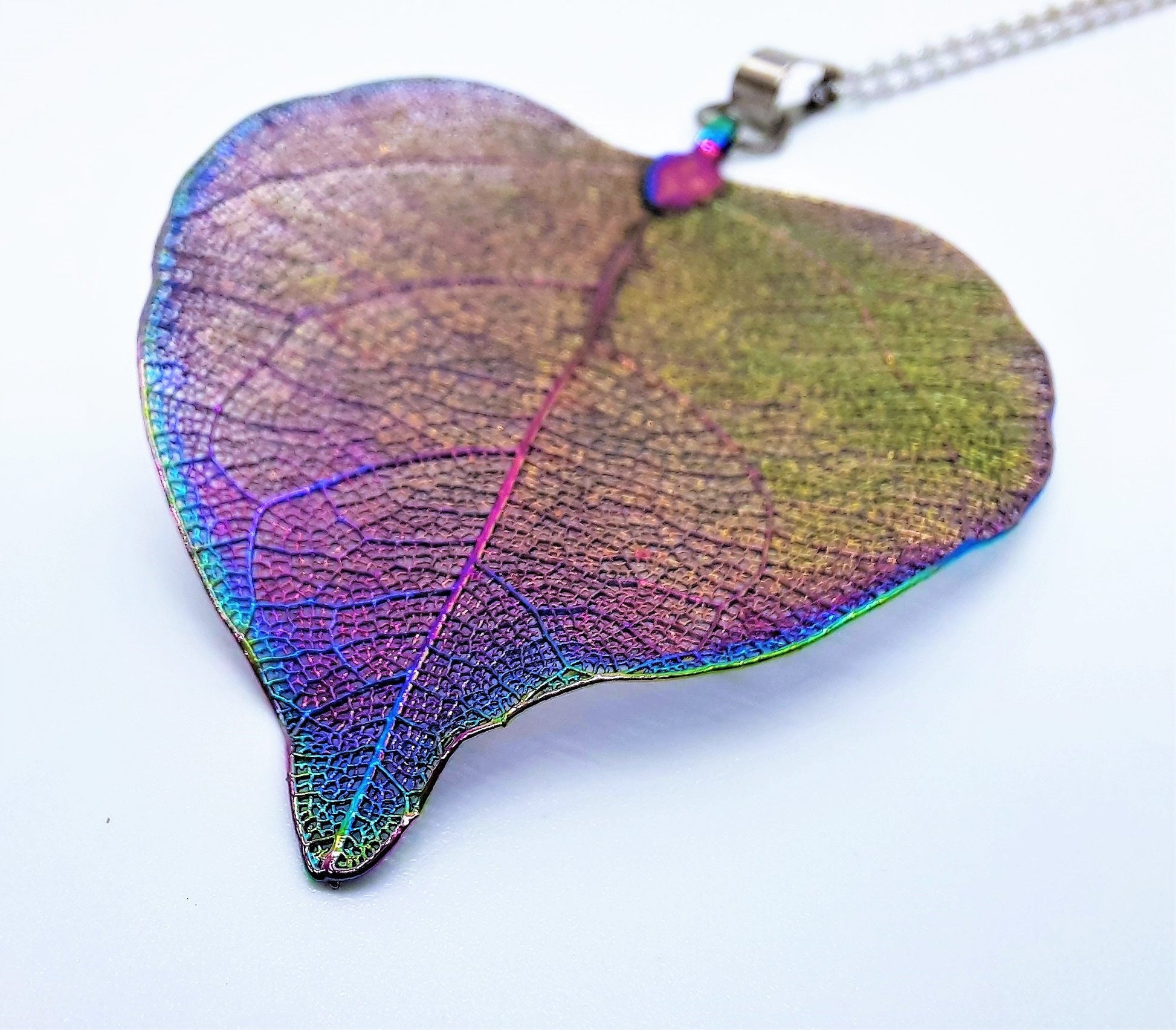 Rainbow Chromium Leaf Pendant Necklace - Comes with 18" Stainless Steel Chain - Hypoallergenic