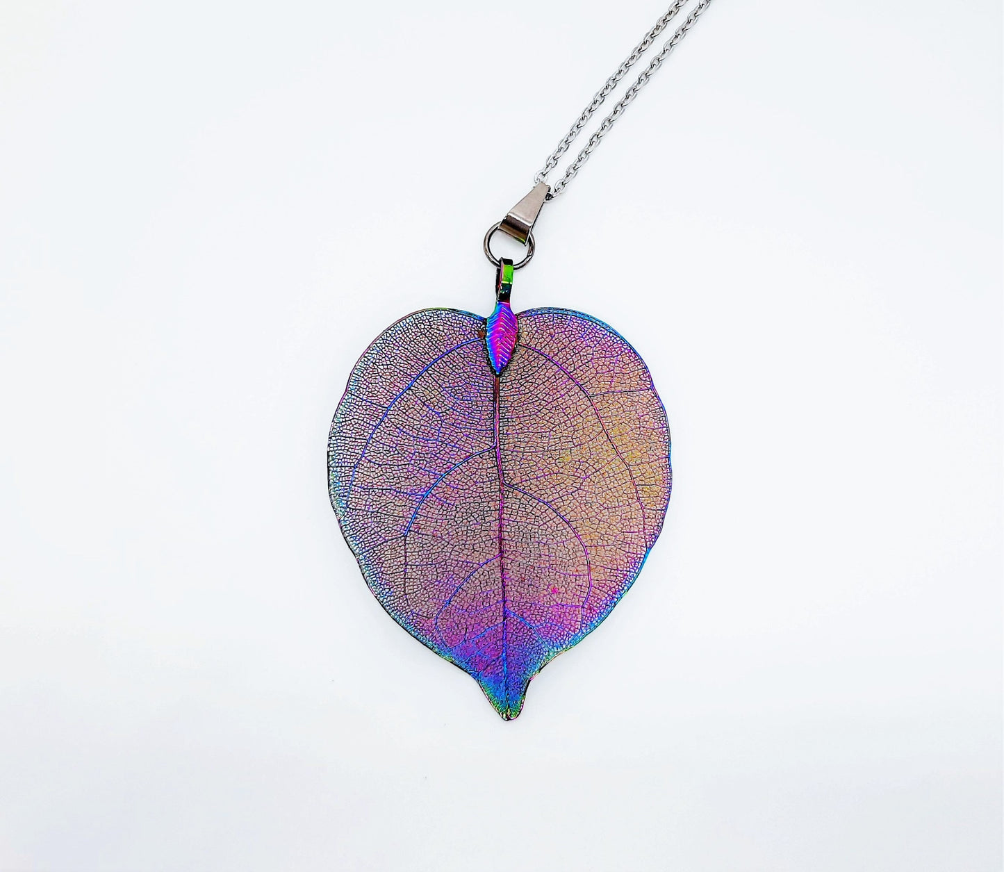 Rainbow Chromium Leaf Pendant Necklace - Comes with 18" Stainless Steel Chain - Hypoallergenic