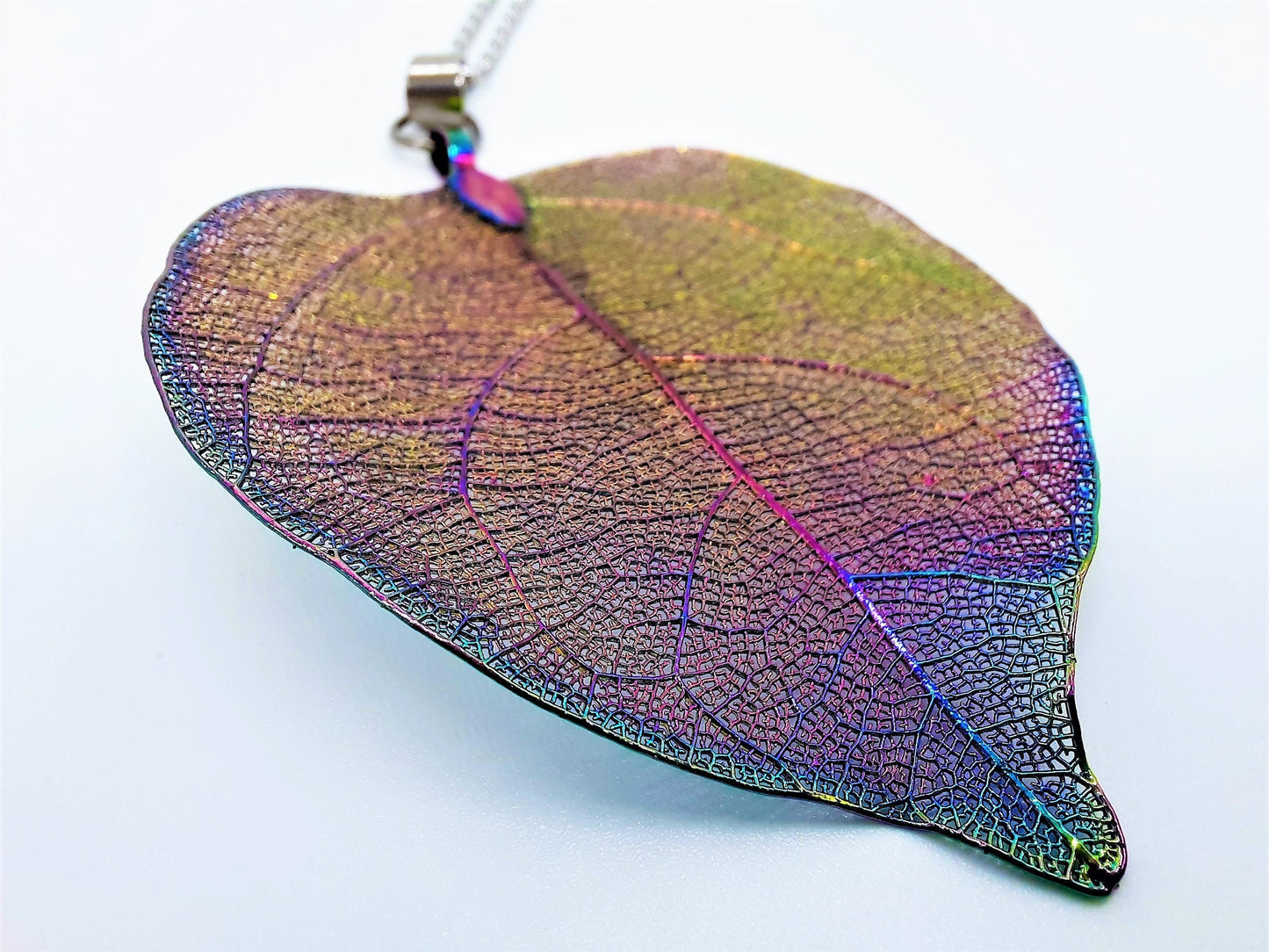 Rainbow Chromium Leaf Pendant Necklace - Comes with 18" Stainless Steel Chain - Hypoallergenic