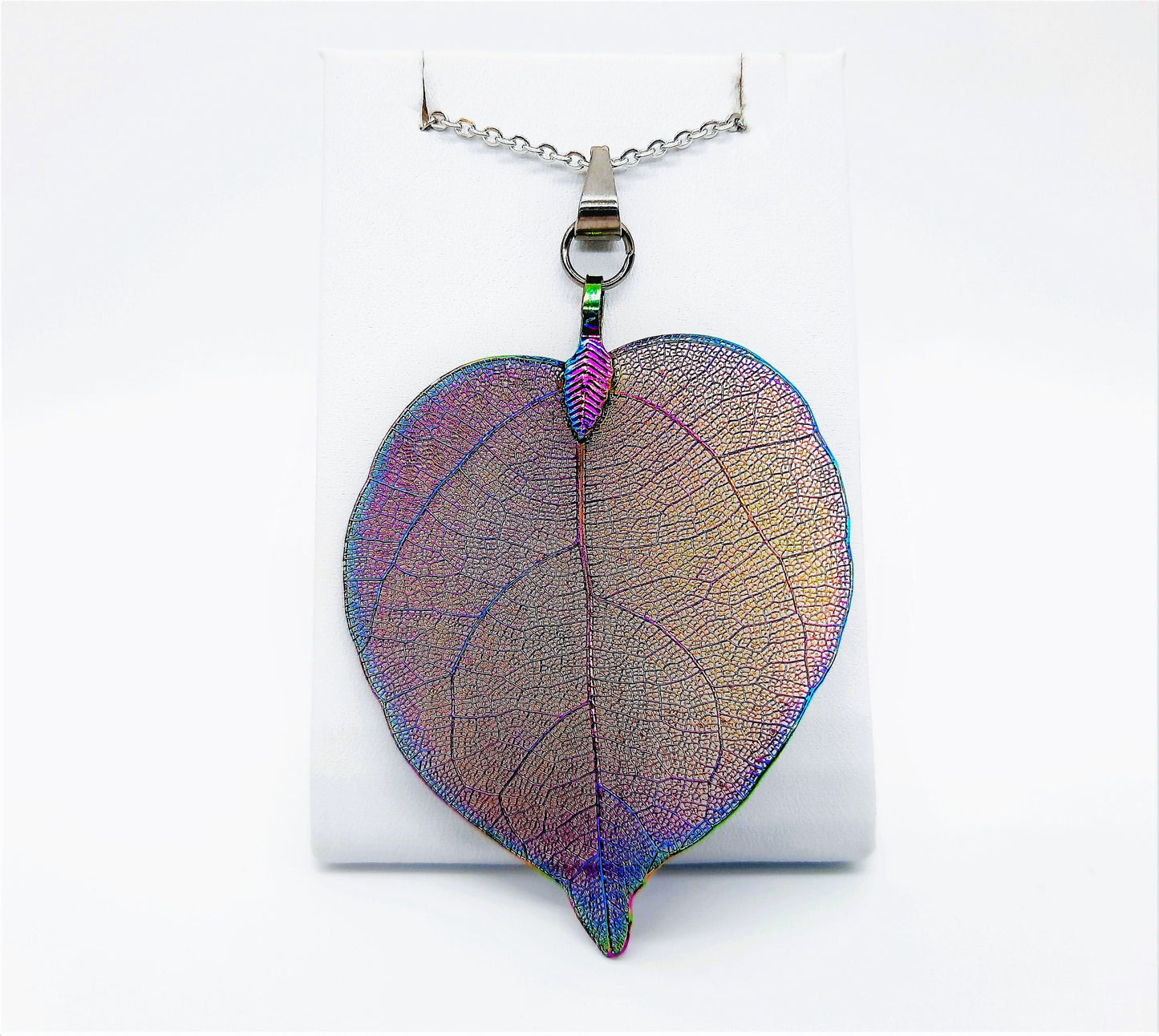 Rainbow Chromium Leaf Pendant Necklace - Comes with 18" Stainless Steel Chain - Hypoallergenic