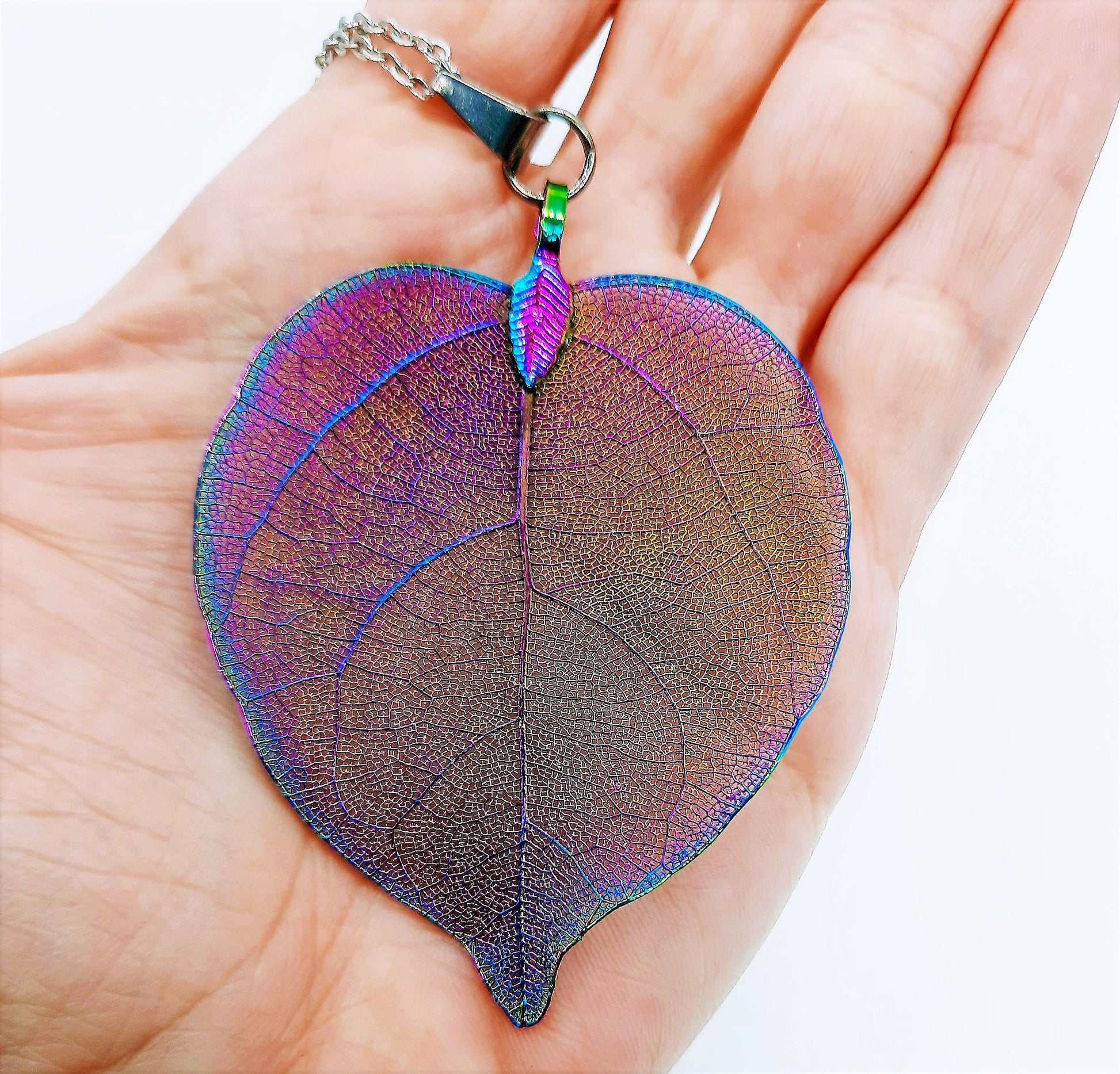 Rainbow Chromium Leaf Pendant Necklace - Comes with 18" Stainless Steel Chain - Hypoallergenic