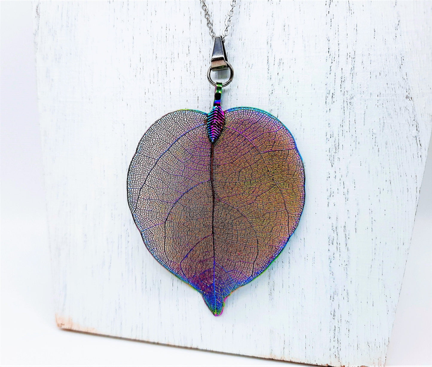 Rainbow Chromium Leaf Pendant Necklace - Comes with 18" Stainless Steel Chain - Hypoallergenic