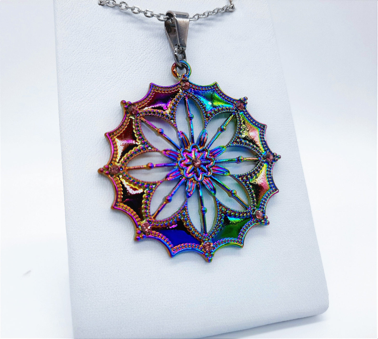 Rainbow Chromium Mandala Pendant Necklace - Tibetan Style - Filigree Flower Pattern - Comes with 18" Stainless Steel Chain - Hypoallergenic