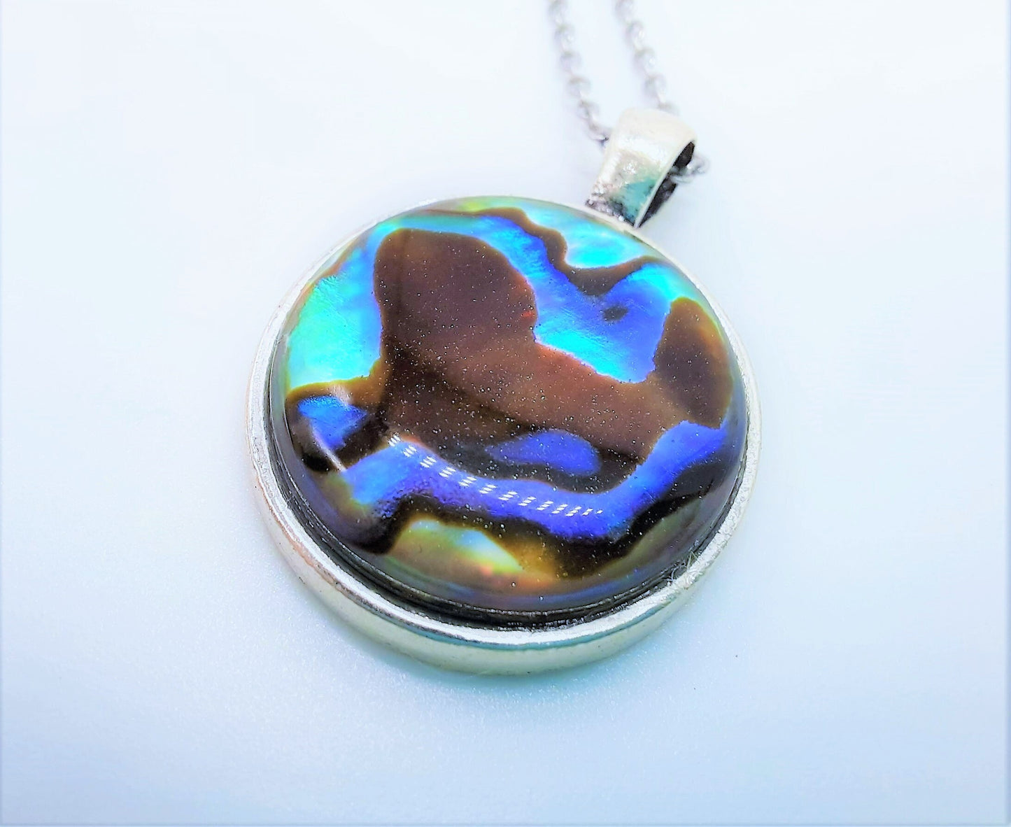 Natural Abalone / Paua Seashell Pendant Necklace - Stainless Steel - Hypoallergenic - Dome Covered with Holographic Powder Infused Resin