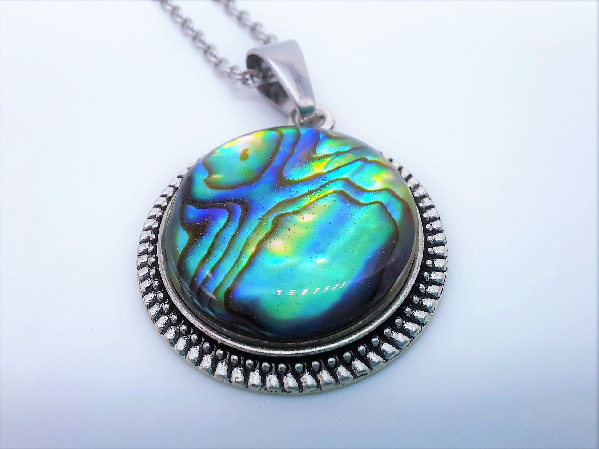 Abalone / Paua Seashell Tibetan Style Pendant Necklace - Stainless Steel - Hypoallergenic - Covered with Holographic Powder Infused Resin