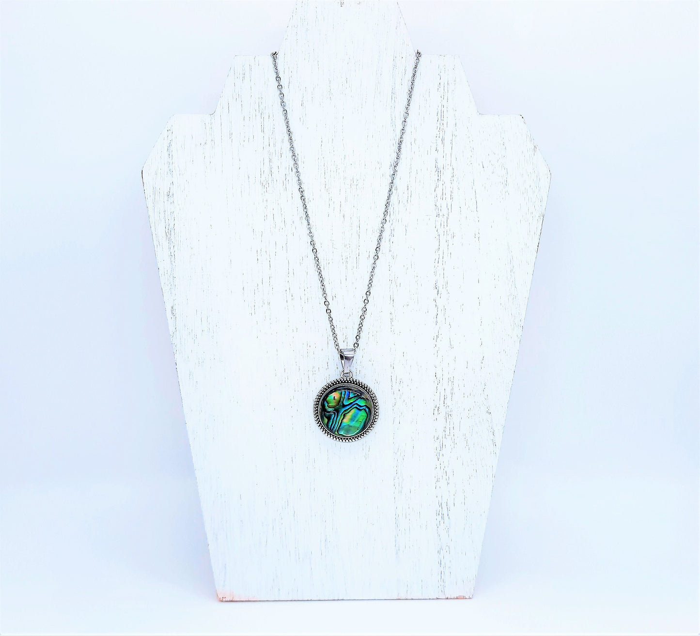 Abalone / Paua Seashell Tibetan Style Pendant Necklace - Stainless Steel - Hypoallergenic - Covered with Holographic Powder Infused Resin
