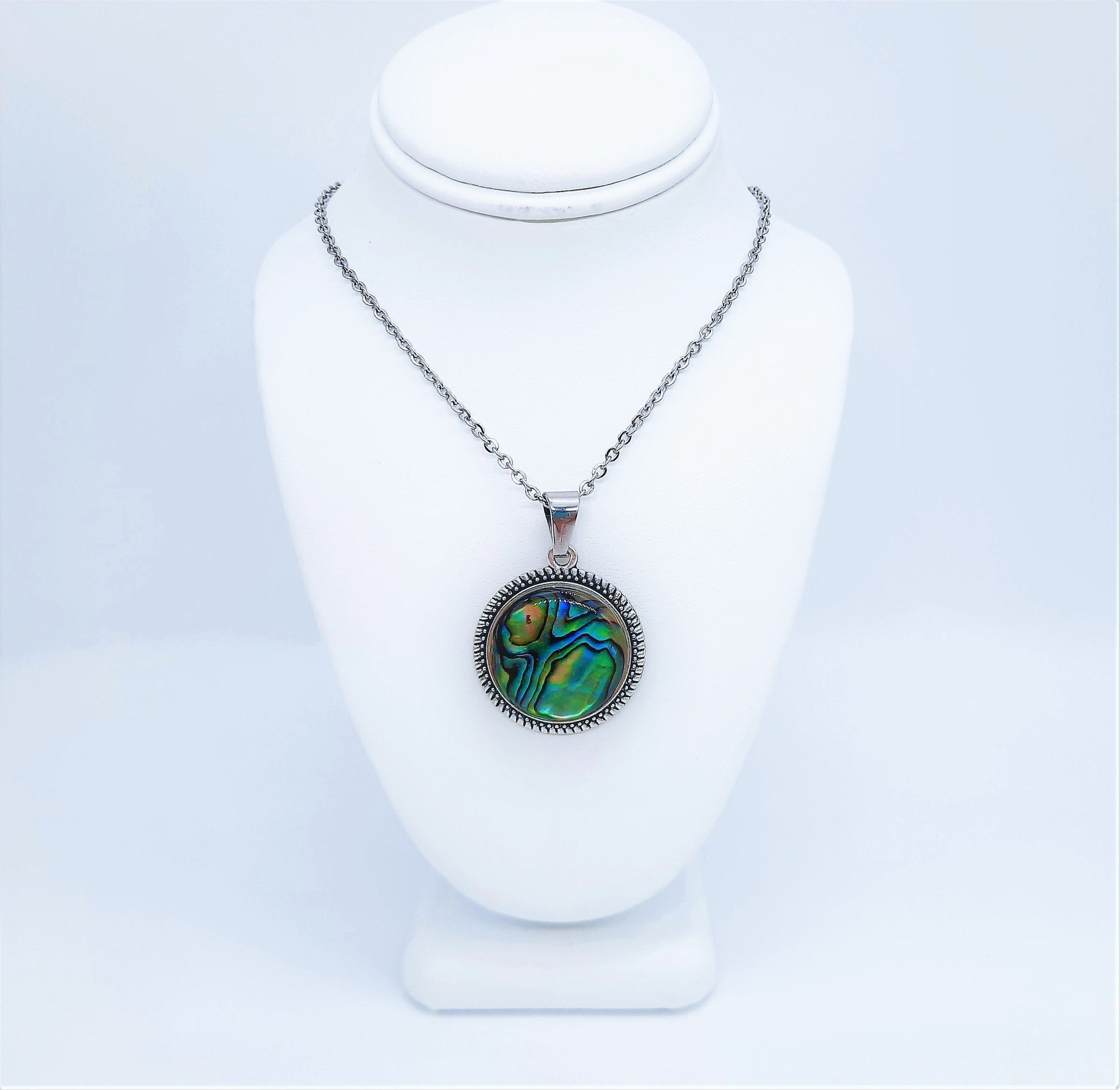 Abalone / Paua Seashell Tibetan Style Pendant Necklace - Stainless Steel - Hypoallergenic - Covered with Holographic Powder Infused Resin