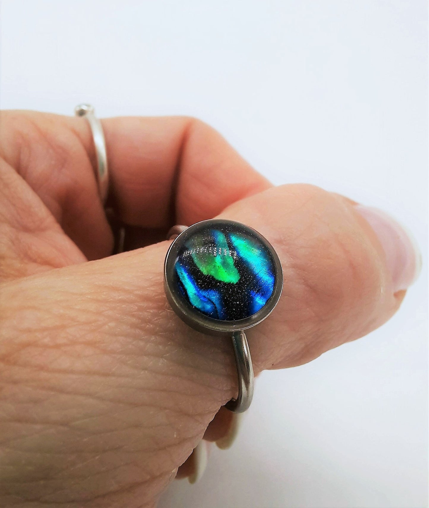 Handcrafted / Handmade Abalone Shell and Holographic Powder Infused Resin, Hypoallergenic Silver Stainless Steel Cuff Finger Ring, Size 8