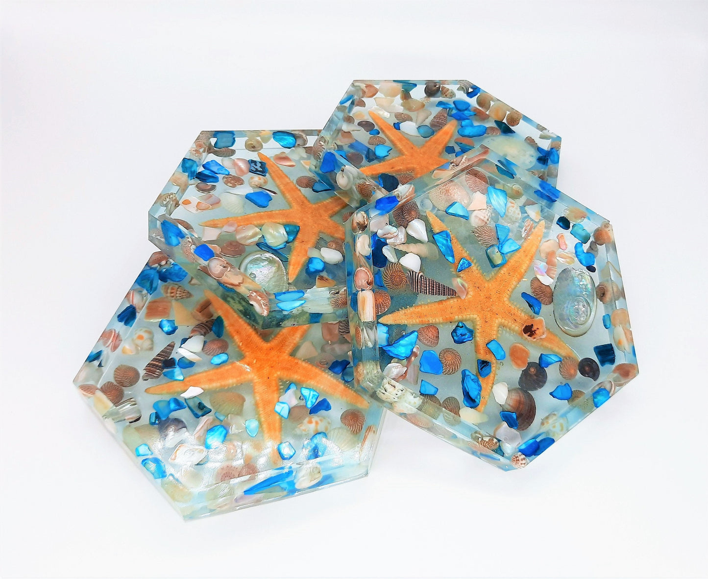 Eco-Friendly Resin Seashell Coasters (Set of 4) w/ Mica Powder, Starfish, Sand Dollar, Abalone, and Sea Shells, Round, Square, or Hexagon