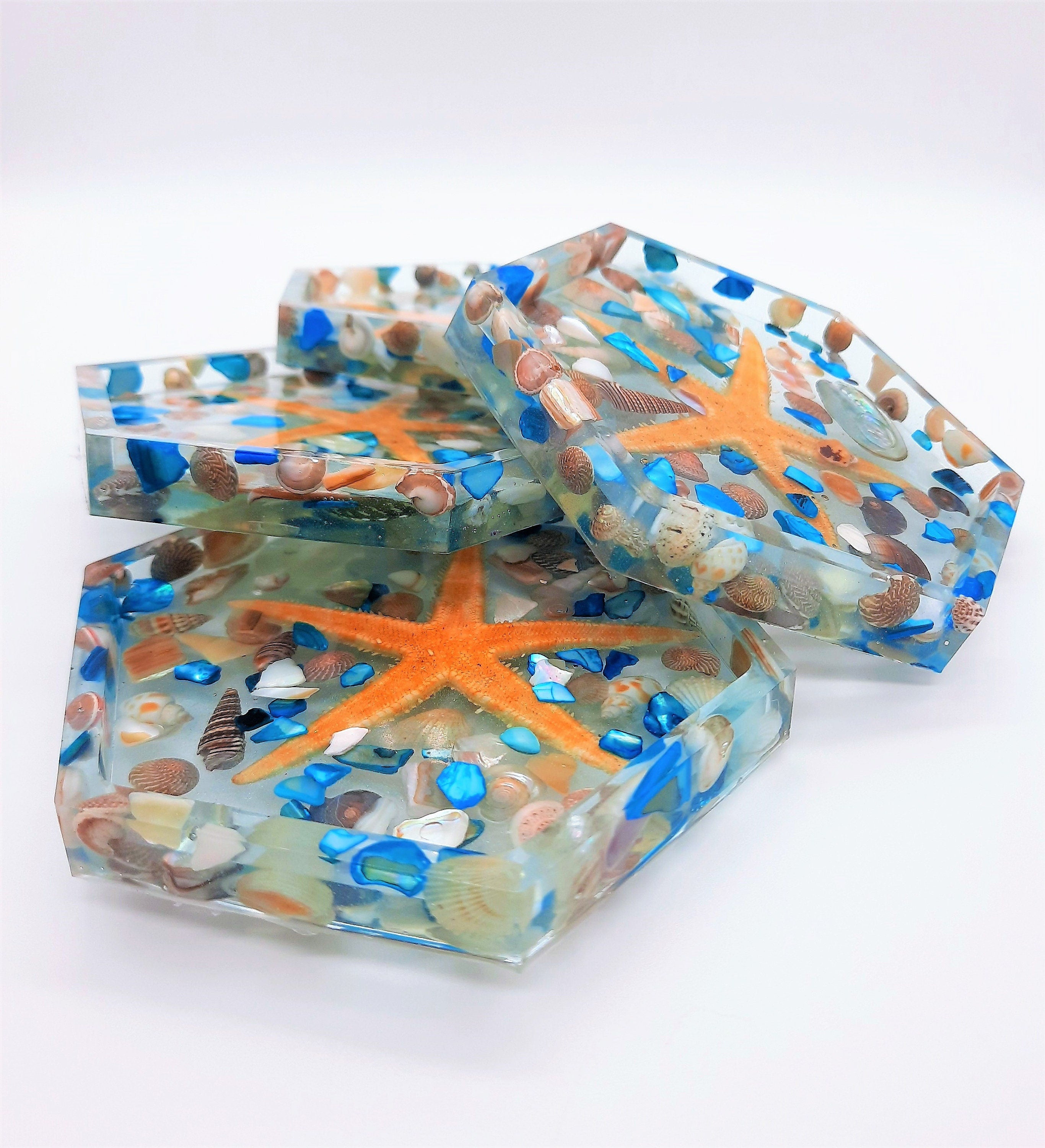 Seashell resin selling large coasters, handmade hexagon shaped