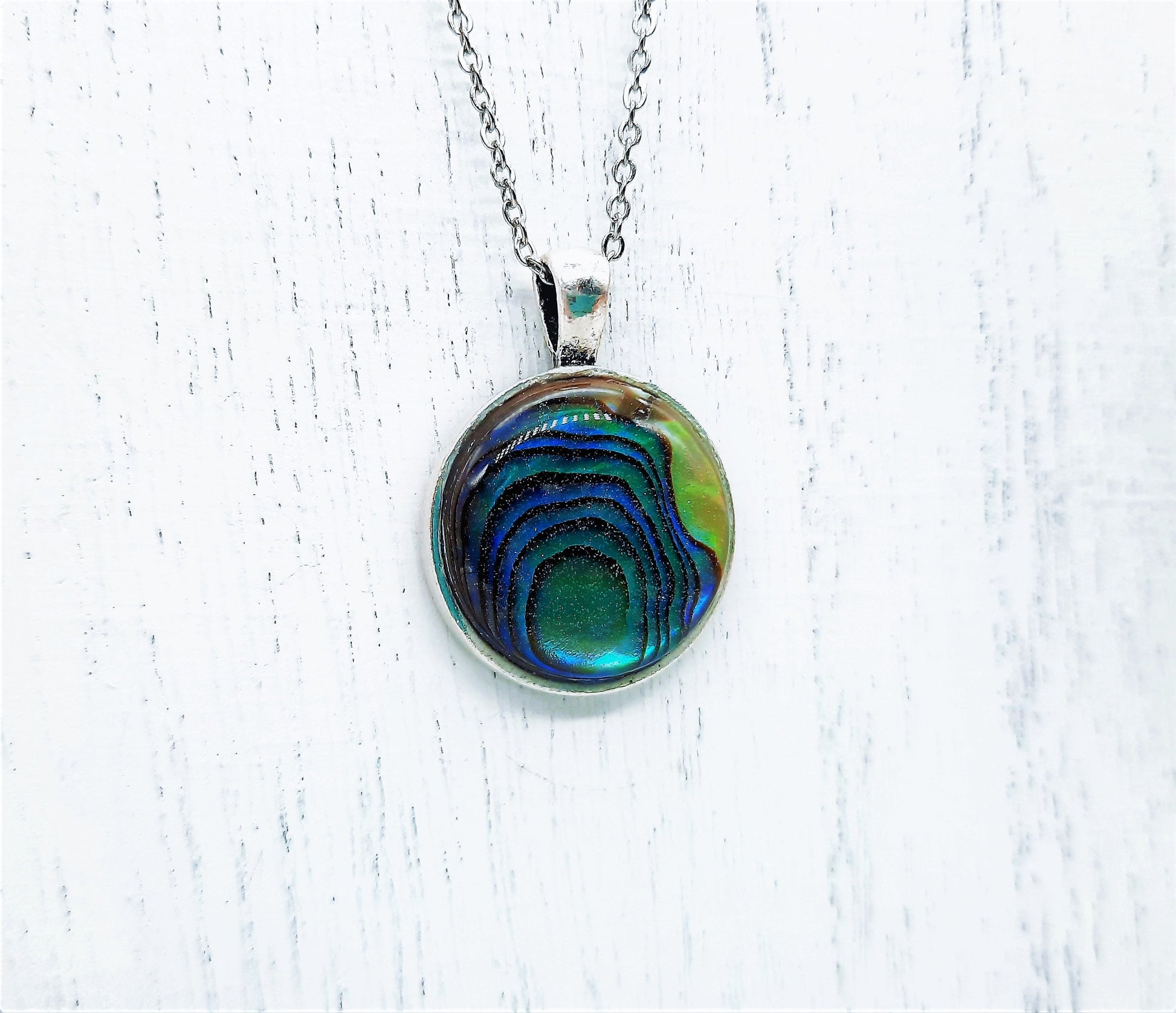 Natural Abalone / Paua Seashell Pendant Necklace - Stainless Steel - Hypoallergenic - Dome Covered with Holographic Powder Infused Resin