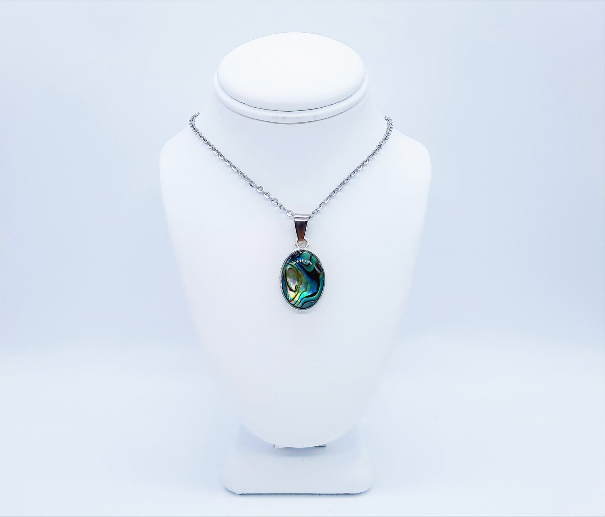 Natural Abalone / Paua Seashell Oval Pendant Necklace - Stainless Steel - Hypoallergenic - Covered w/ Holographic Powder Infused Resin Dome