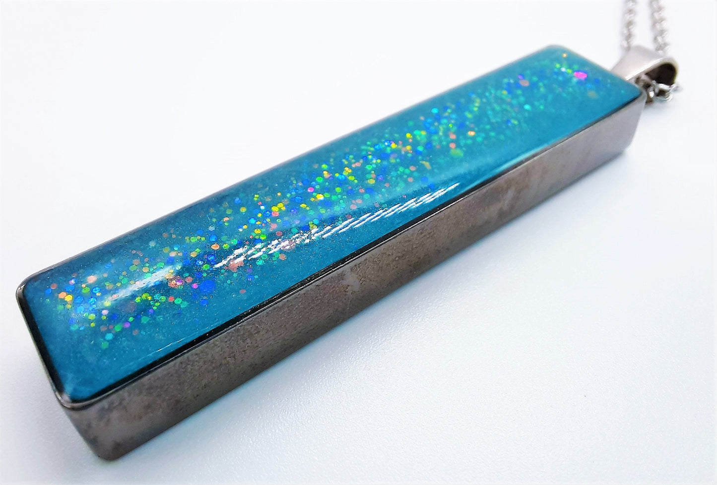 Handcrafted / Handmade Teal Blue Sparkle Resin Pendant Necklace - Made with Resin, Mica, Iridescent Glitter, & Holographic Powder