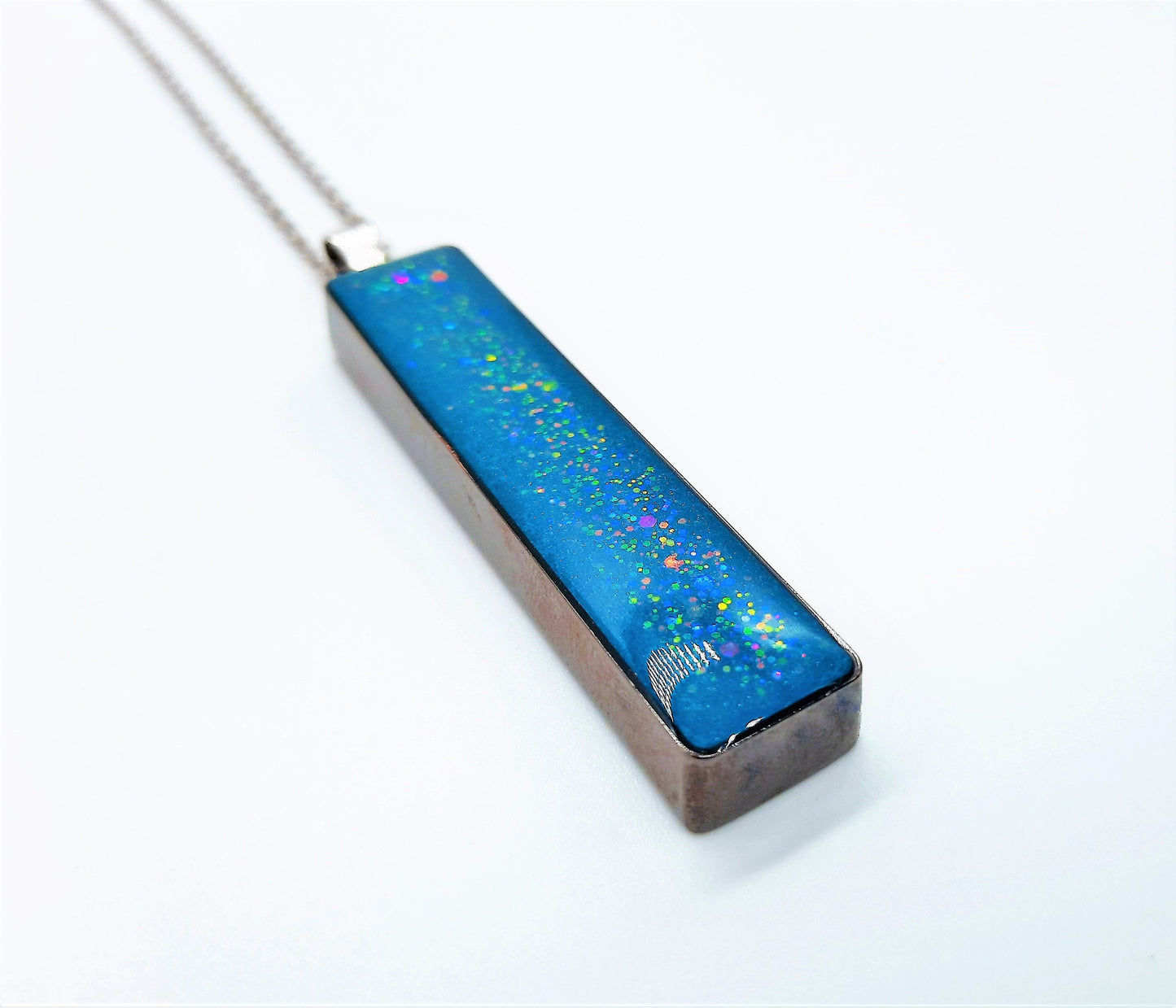 Handcrafted / Handmade Teal Blue Sparkle Resin Pendant Necklace - Made with Resin, Mica, Iridescent Glitter, & Holographic Powder