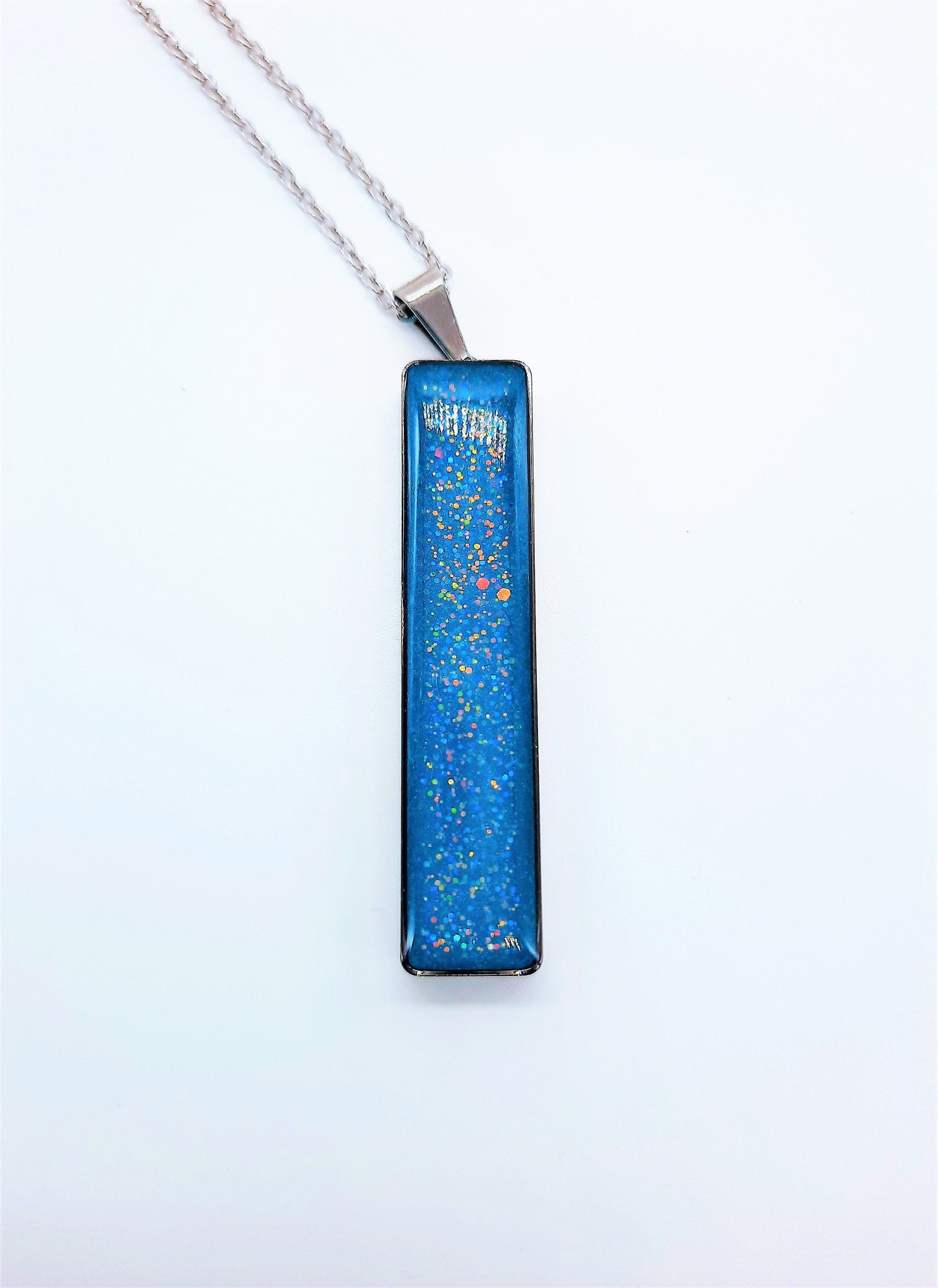 Handcrafted / Handmade Teal Blue Sparkle Resin Pendant Necklace - Made with Resin, Mica, Iridescent Glitter, & Holographic Powder