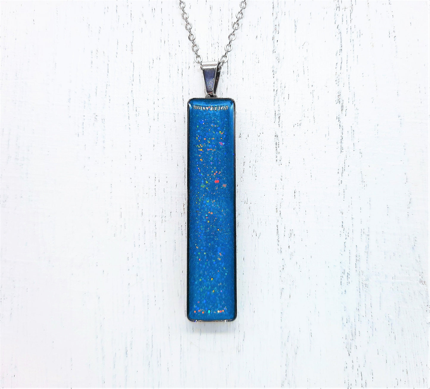 Handcrafted / Handmade Teal Blue Sparkle Resin Pendant Necklace - Made with Resin, Mica, Iridescent Glitter, & Holographic Powder