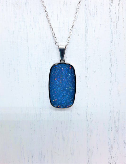 Handcrafted / Handmade Royal Blue Sparkle Resin Pendant Necklace - Made with Resin, Mica, Iridescent Glitter, & Holographic Powder