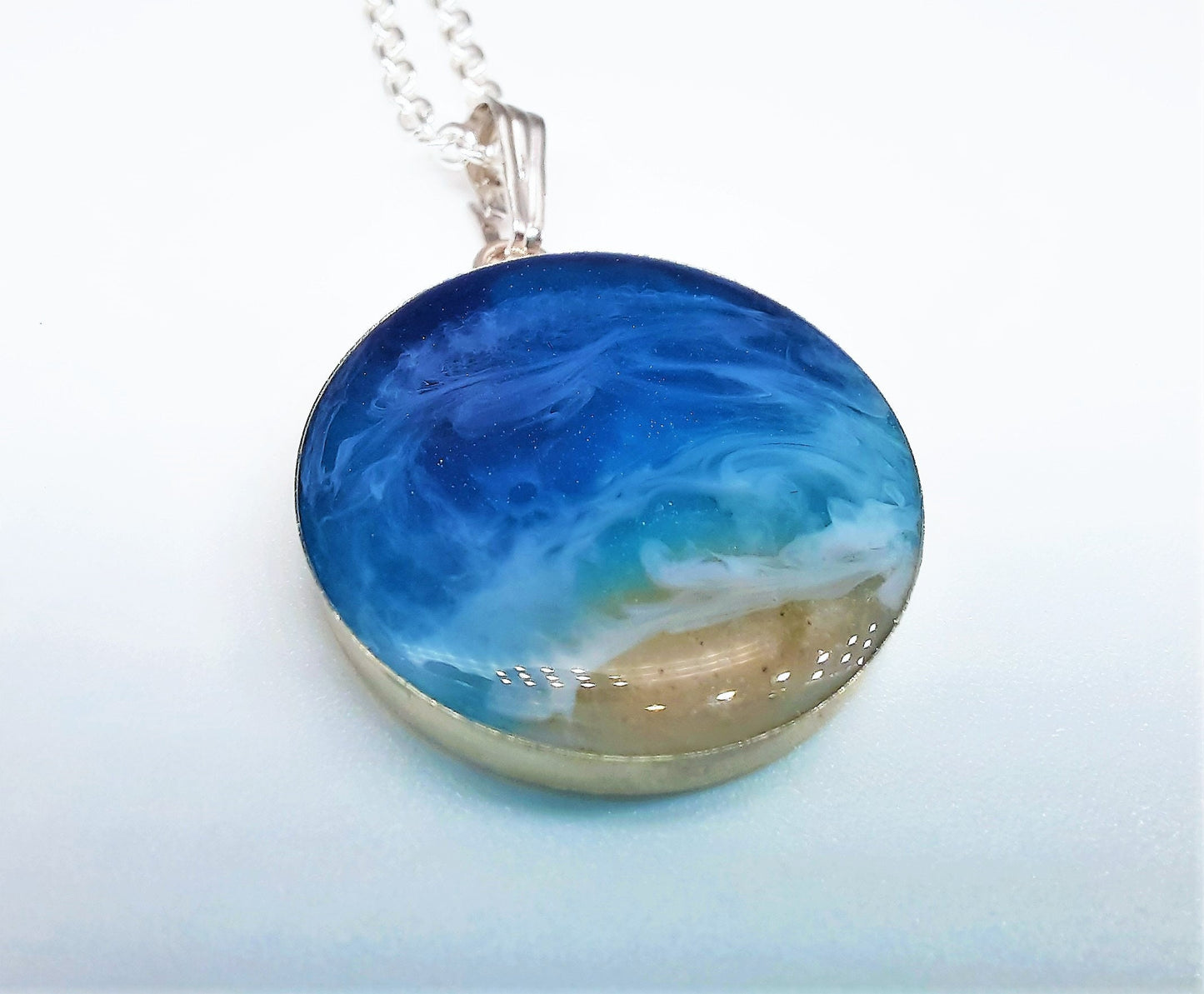 Handmade 925 Sterling Silver Resin Waves Ocean Pendant Necklace, Beach Scene, Made with Real Sand, Resin, and Mica - NOT A PHOTOGRAPH!