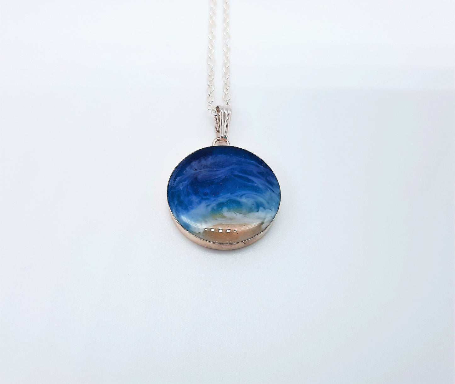 Handmade 925 Sterling Silver Resin Waves Ocean Pendant Necklace, Beach Scene, Made with Real Sand, Resin, and Mica - NOT A PHOTOGRAPH!