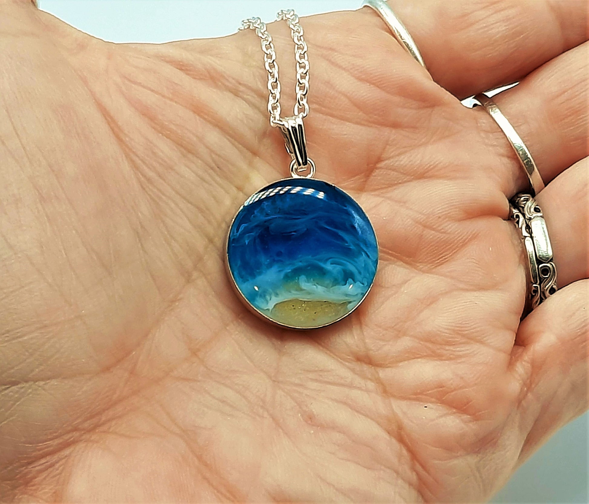 Handmade 925 Sterling Silver Resin Waves Ocean Pendant Necklace, Beach Scene, Made with Real Sand, Resin, and Mica - NOT A PHOTOGRAPH!