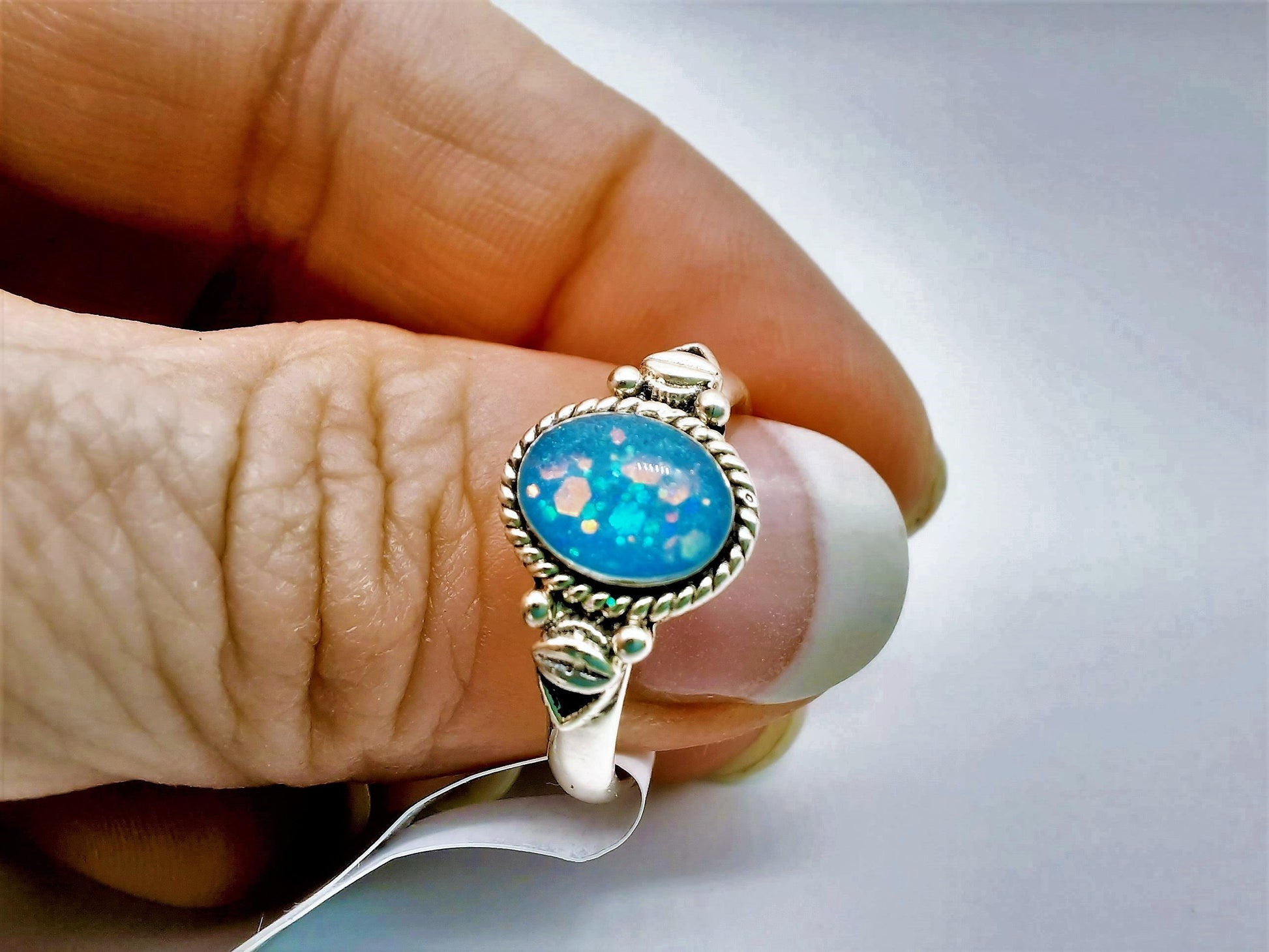 Handcrafted / Handmade Antiqued 925 Sterling Silver Ring, Made with Iridescent Teal Blue Resin, Mica, and Holographic Powder