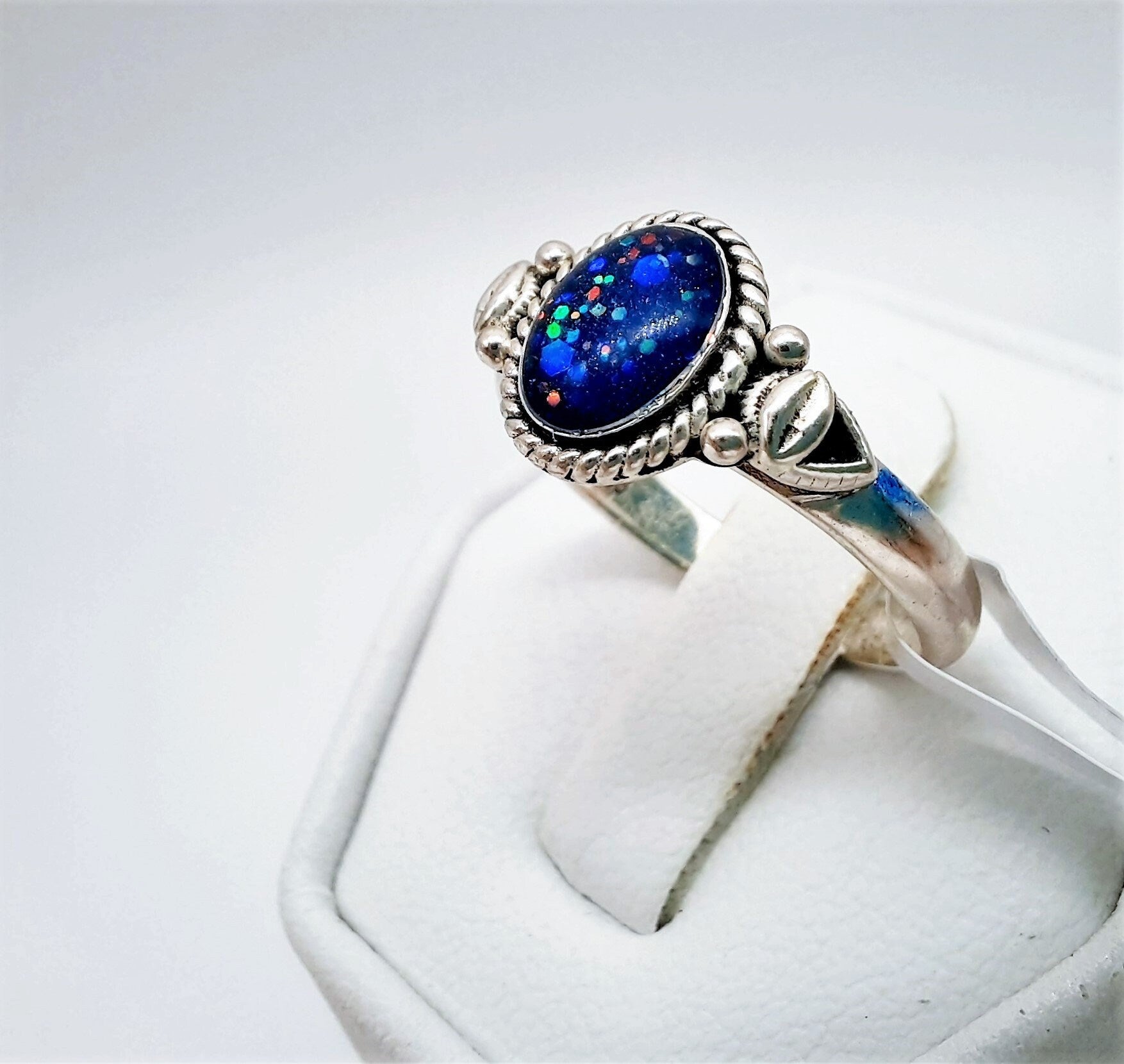 Handcrafted / Handmade Antiqued 925 Sterling Silver Ring, Made with Iridescent Dark Blue Resin, Mica, and Holographic Powder