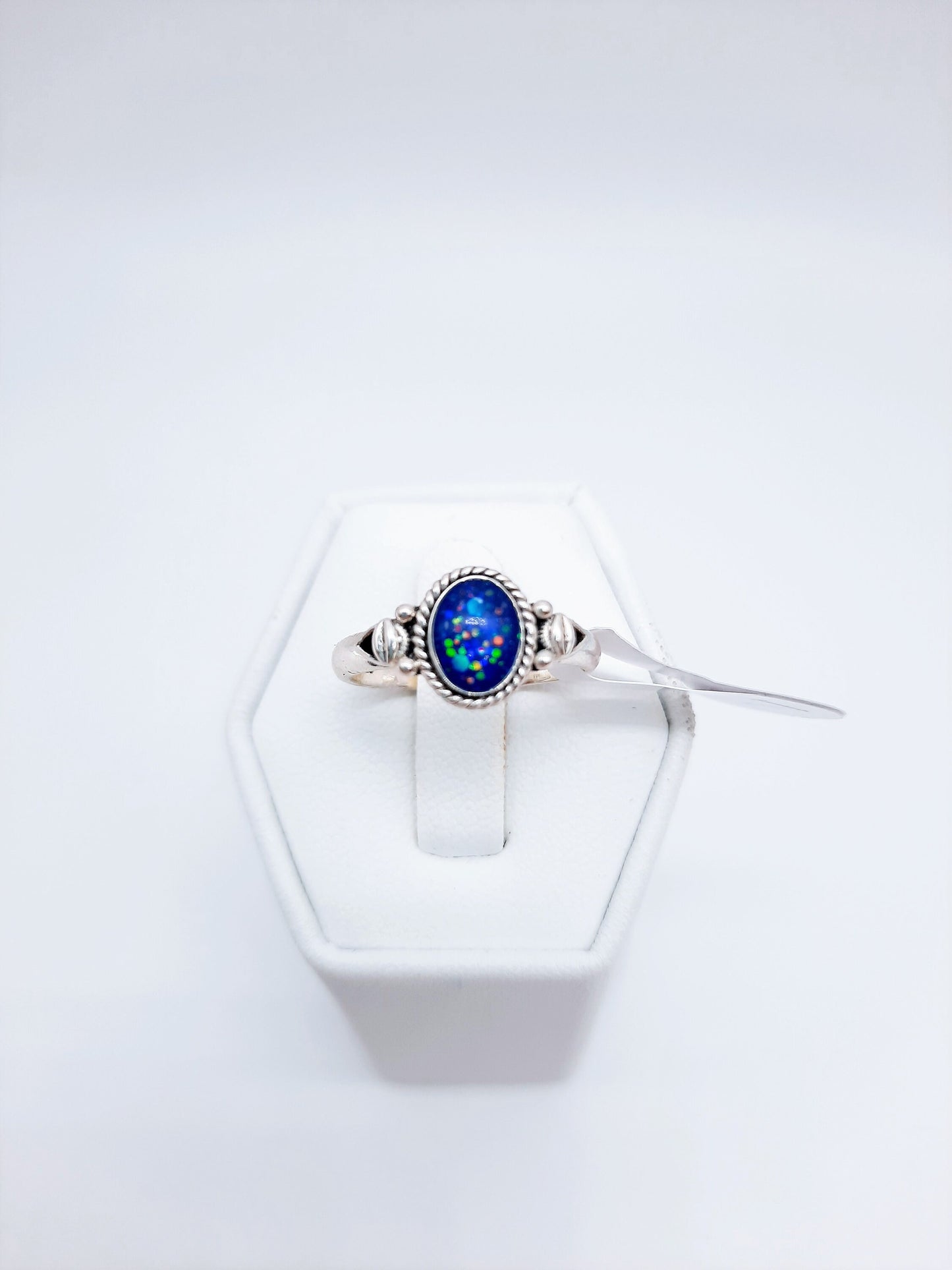 Handcrafted / Handmade Antiqued 925 Sterling Silver Ring, Made with Iridescent Dark Blue Resin, Mica, and Holographic Powder